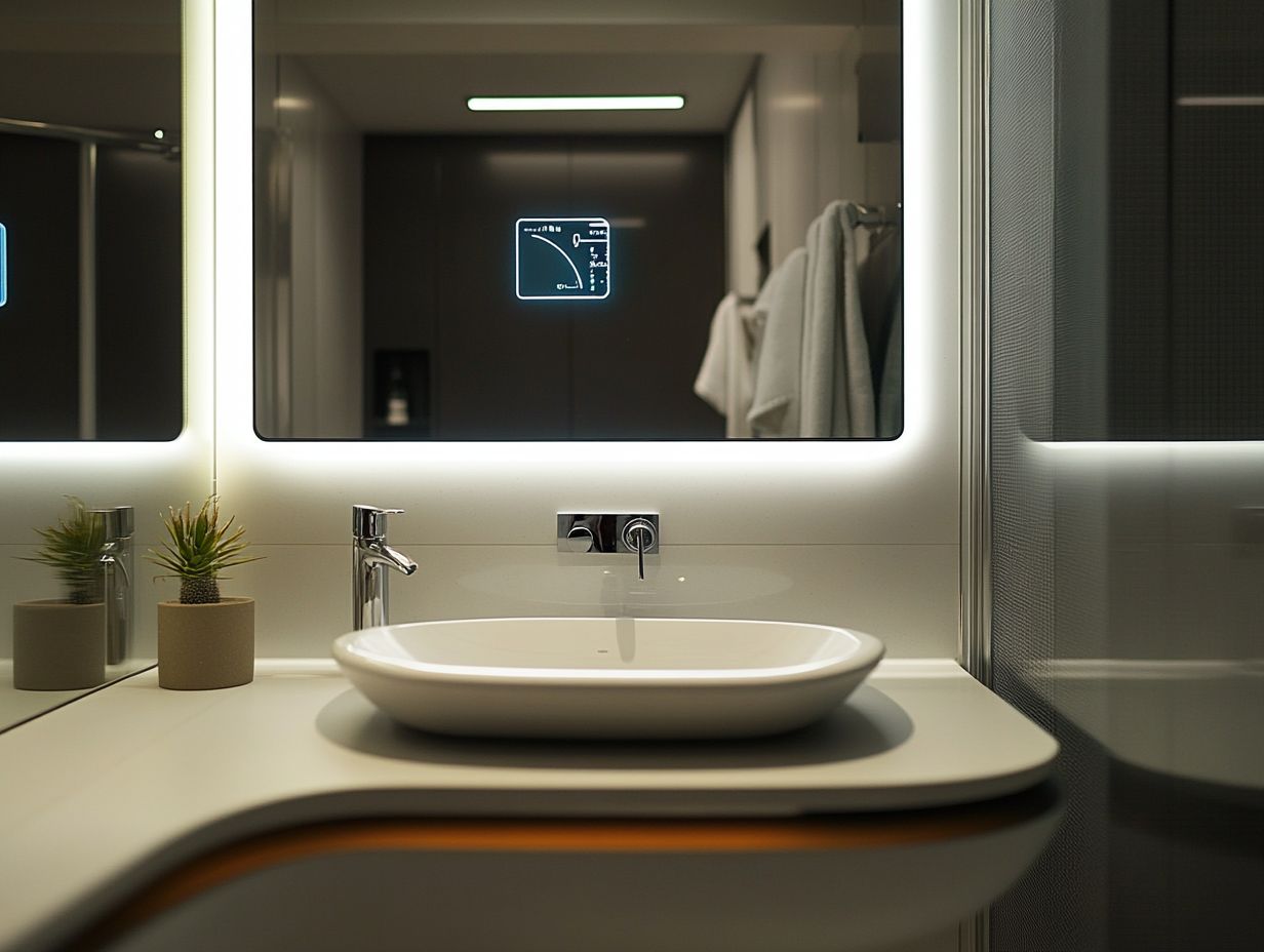 A modern smart mirror displaying personalized information in a stylish bathroom