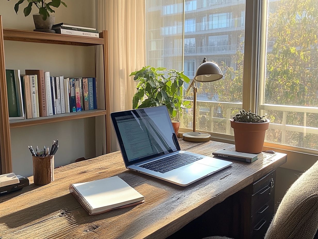 A bright home office with energy-efficient solutions like LED lights and solar panels