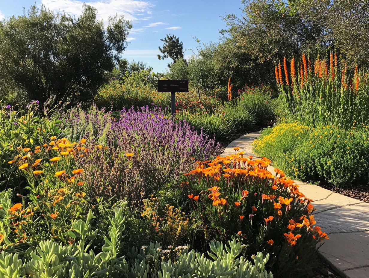 A colorful garden showcasing various native plants that thrive in drought conditions.