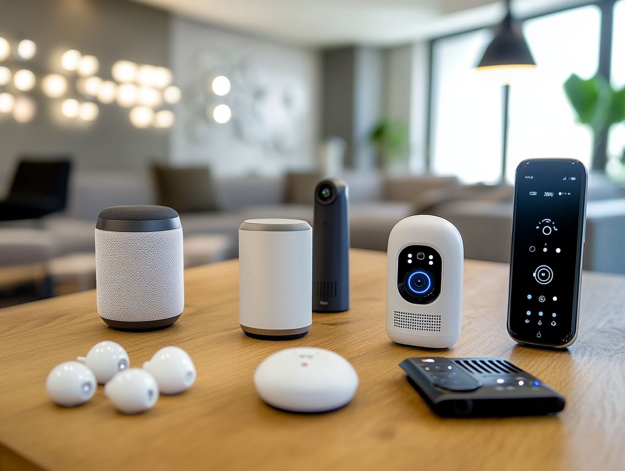 A variety of smart home hubs displayed on a table